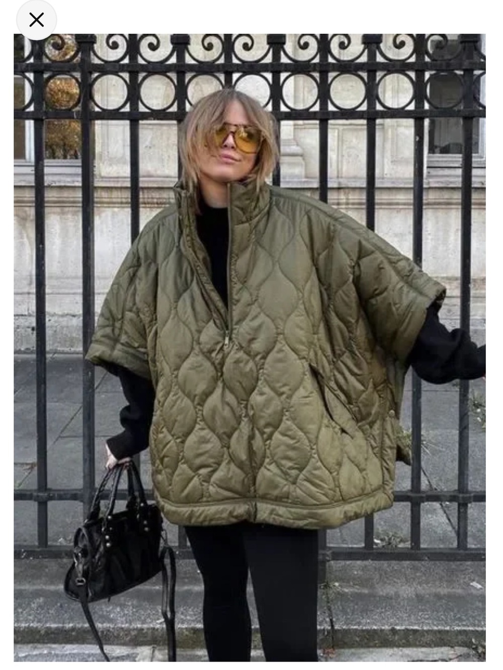 H&M Olive Green Quilted Short-Sleeve Puffer Cape Sz xs